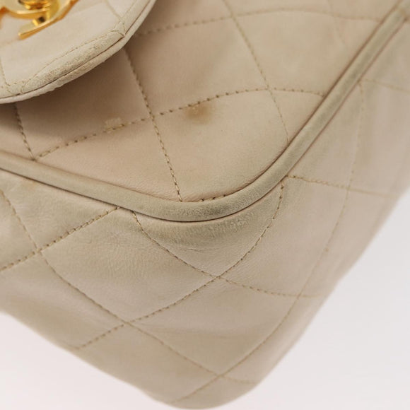 CHANEL Matelasse Chain Shoulder Bag Lamb Skin Ivory Gold CC Auth AMZ315