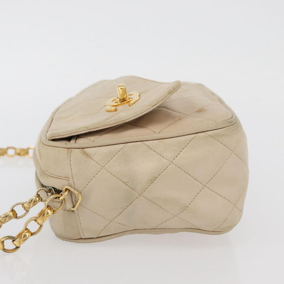 CHANEL Matelasse Chain Shoulder Bag Lamb Skin Ivory Gold CC Auth AMZ315