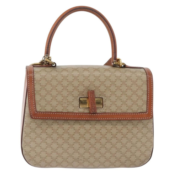 CELINE Macadam Canvas Circle Hand Bag PVC 2way Beige Gold Auth AMZ333A