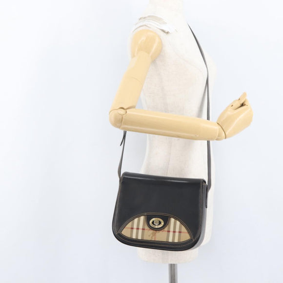 Burberrys Nova Check Shoulder Bag PVC Leather Black Gold Auth AMZ334
