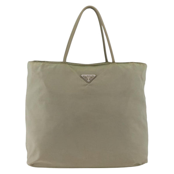 PRADA Hand Bag Nylon Beige Silver Auth AMZ343
