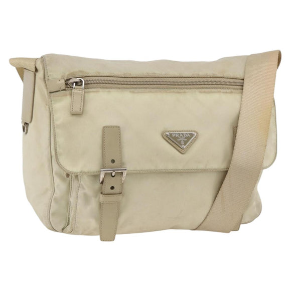 PRADA Shoulder Bag Nylon Beige Silver Auth AMZ363