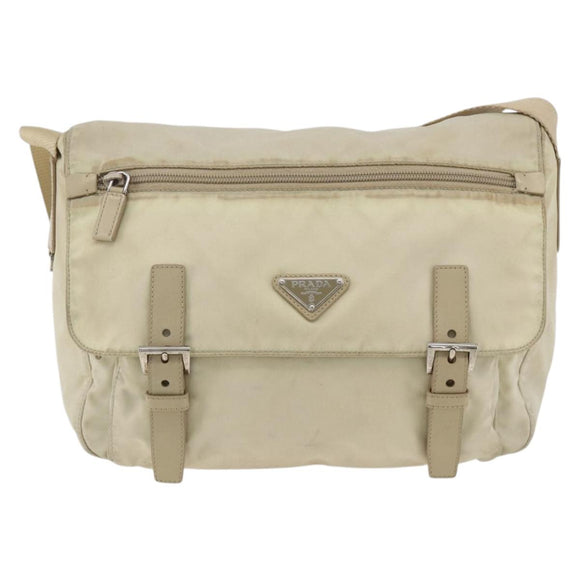 PRADA Shoulder Bag Nylon Beige Silver Auth AMZ363