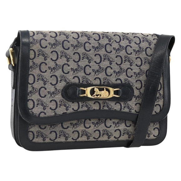 CELINE C Sulky Horse Carriage Shoulder Bag Canvas Navy Gold Auth AMZ372