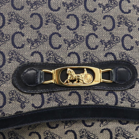CELINE C Sulky Horse Carriage Shoulder Bag Canvas Navy Gold Auth AMZ372