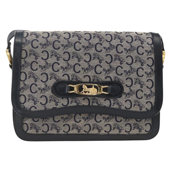 CELINE C Sulky Horse Carriage Shoulder Bag Canvas Navy Gold Auth AMZ372