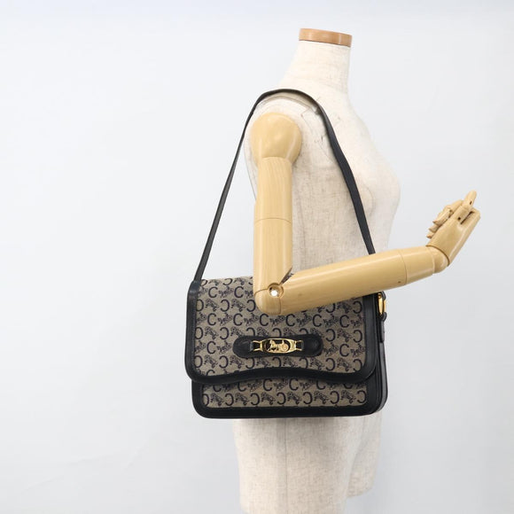 CELINE C Sulky Horse Carriage Shoulder Bag Canvas Navy Gold Auth AMZ372
