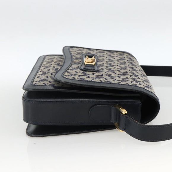 CELINE C Sulky Horse Carriage Shoulder Bag Canvas Navy Gold Auth AMZ372