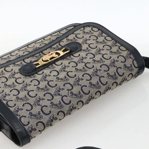 CELINE C Sulky Horse Carriage Shoulder Bag Canvas Navy Gold Auth AMZ372