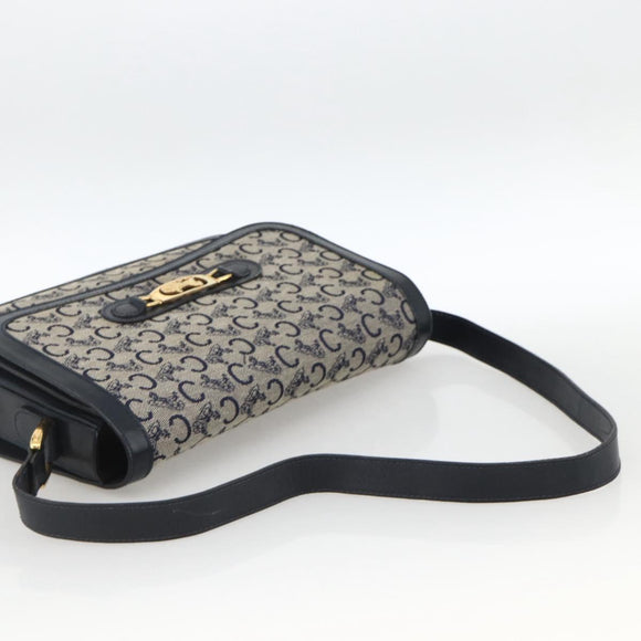 CELINE C Sulky Horse Carriage Shoulder Bag Canvas Navy Gold Auth AMZ372