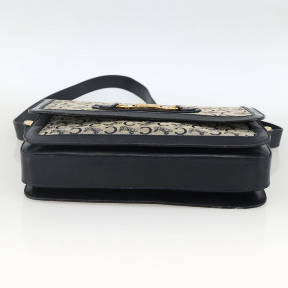 CELINE C Sulky Horse Carriage Shoulder Bag Canvas Navy Gold Auth AMZ372
