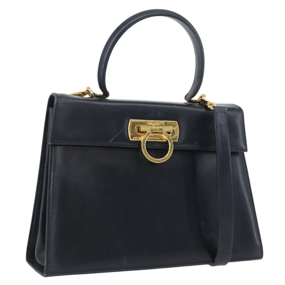 Salvatore Ferragamo Gancini Hand Bag Leather 2way Navy Gold Auth AMZ378