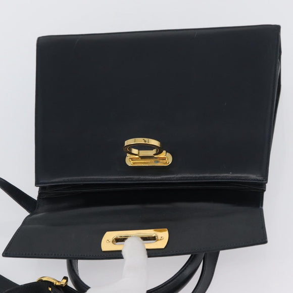 Salvatore Ferragamo Gancini Hand Bag Leather 2way Navy Gold Auth AMZ378