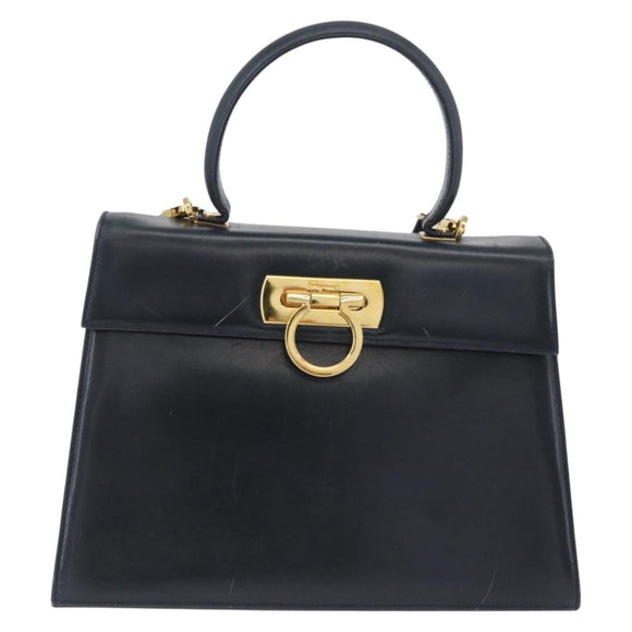 Salvatore Ferragamo Gancini Hand Bag Leather 2way Navy Gold Auth AMZ378