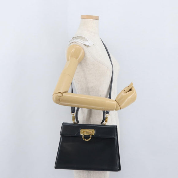 Salvatore Ferragamo Gancini Hand Bag Leather 2way Navy Gold Auth AMZ378