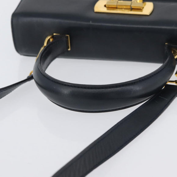 Salvatore Ferragamo Gancini Hand Bag Leather 2way Navy Gold Auth AMZ378