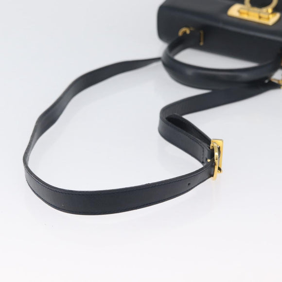 Salvatore Ferragamo Gancini Hand Bag Leather 2way Navy Gold Auth AMZ378