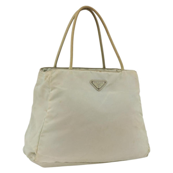 PRADA Tote Bag Nylon Beige Silver Auth AMZ381
