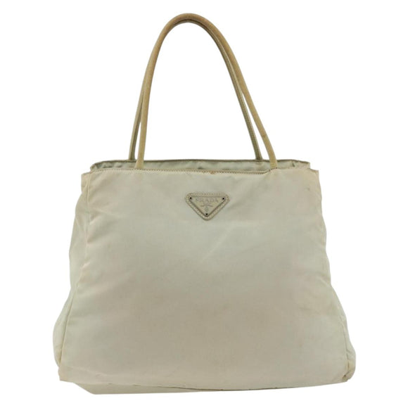 PRADA Tote Bag Nylon Beige Silver Auth AMZ381