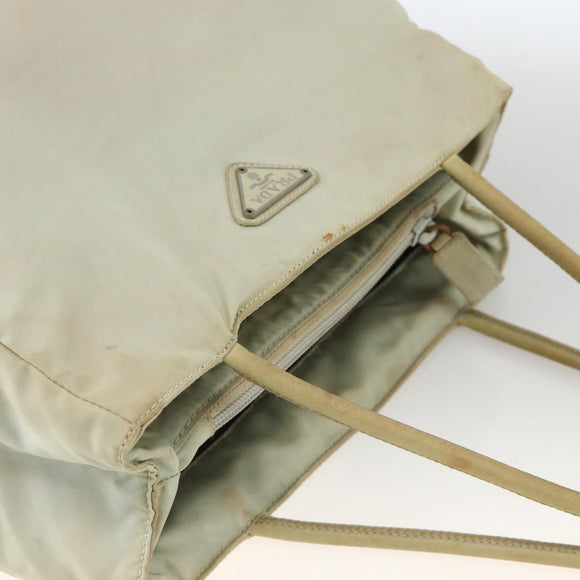 PRADA Tote Bag Nylon Beige Silver Auth AMZ381