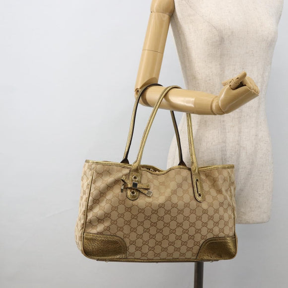 GUCCI GG Canvas Tote Bag Beige Gold 163805 Auth AMZ407A