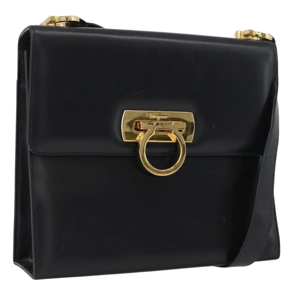Salvatore Ferragamo Gancini Shoulder Bag Leather Black Gold Auth AMZ412