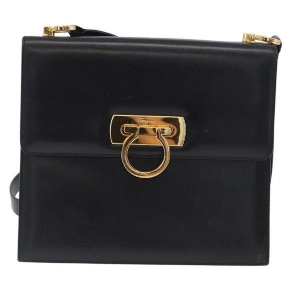 Salvatore Ferragamo Gancini Shoulder Bag Leather Black Gold Auth AMZ412