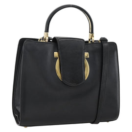 Salvatore Ferragamo Gancini Hand Bag Leather 2way Black Gold Auth AMZ435A