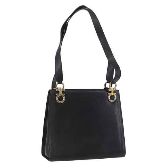 Salvatore Ferragamo Gancini Shoulder Bag Leather Black Gold Auth AMZ436