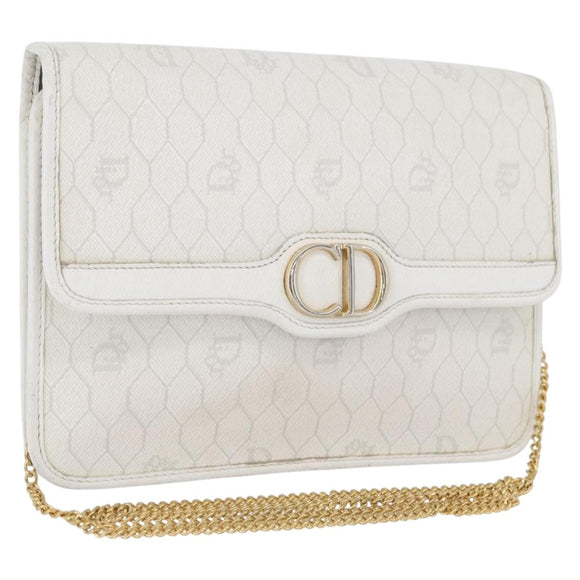 Christian Dior Honeycomb Canvas Chain Shoulder Bag PVC White Gold Auth AMZ444