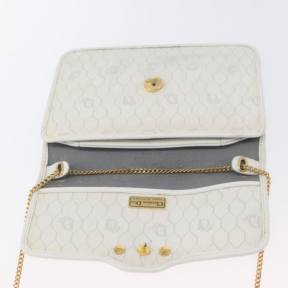 Christian Dior Honeycomb Canvas Chain Shoulder Bag PVC White Gold Auth AMZ444