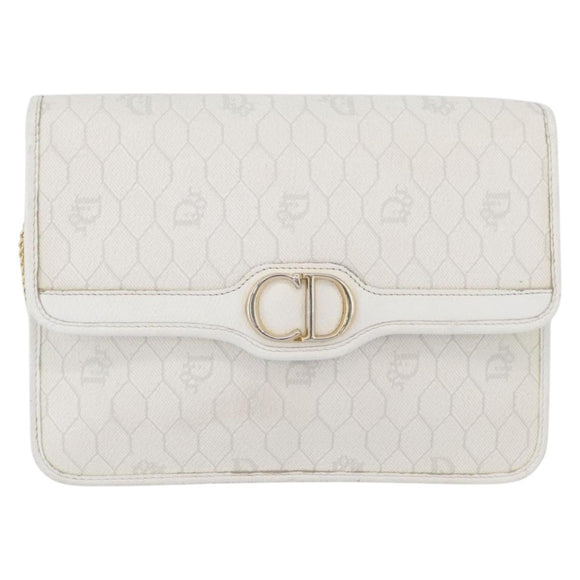 Christian Dior Honeycomb Canvas Chain Shoulder Bag PVC White Gold Auth AMZ444