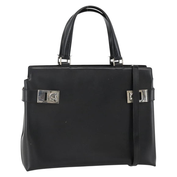 Salvatore Ferragamo Gancini Hand Bag Leather 2way Black Silver Auth AMZ445