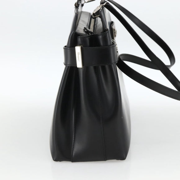 Salvatore Ferragamo Gancini Hand Bag Leather 2way Black Silver Auth AMZ445