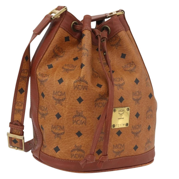 MCM Vicetos Logogram Drawstring Bag PVC Leather Brown Gold Auth AMZ492