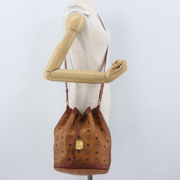MCM Vicetos Logogram Drawstring Bag PVC Leather Brown Gold Auth AMZ492