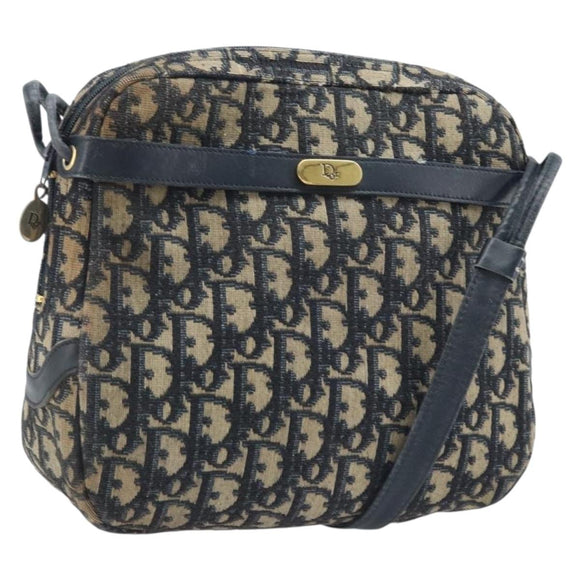 Christian Dior Trotter Canvas Shoulder Bag Navy Gold Auth AMZ494A