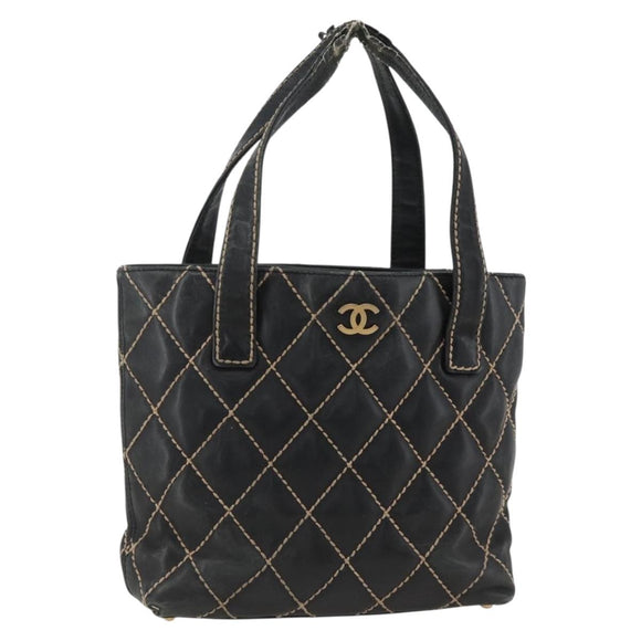 CHANEL Matelasse Wild Stitch Tragetasche Leder Schwarz Gold CC Auth AMZ509