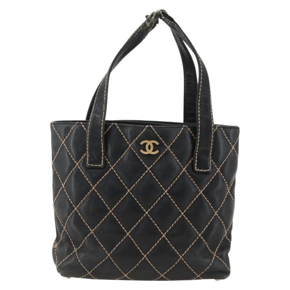 CHANEL Matelasse Wild Stitch Tragetasche Leder Schwarz Gold CC Auth AMZ509