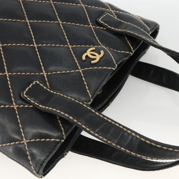 CHANEL Matelasse Wild Stitch Tragetasche Leder Schwarz Gold CC Auth AMZ509