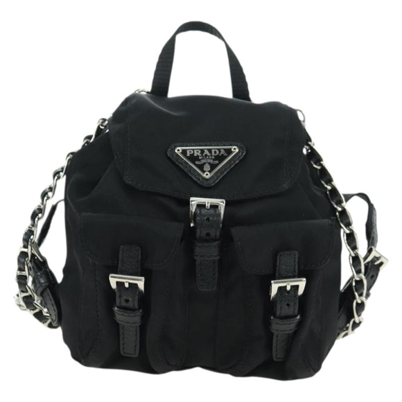 PRADA Chain Shoulder Bag Nylon Black Silver Auth AMZ520M
