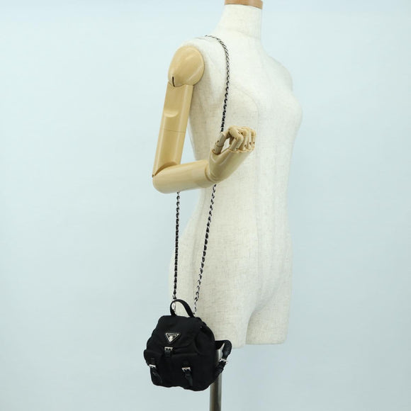 PRADA Chain Shoulder Bag Nylon Black Silver Auth AMZ520M