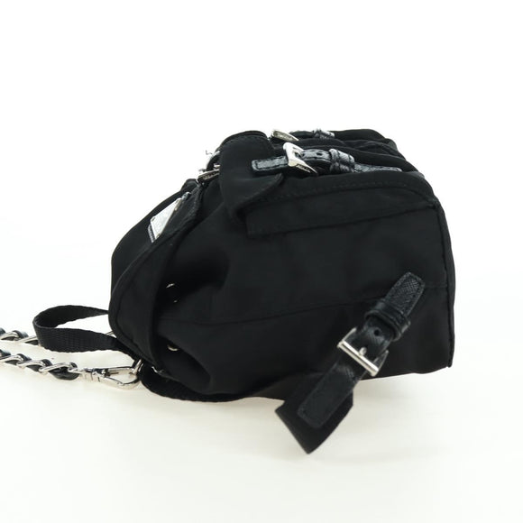PRADA Chain Shoulder Bag Nylon Black Silver Auth AMZ520M