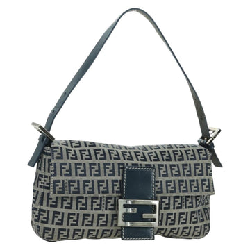FENDI Zucchino Canvas Mamma Baguette Hand Bag Navy Silver Auth AMZ542V