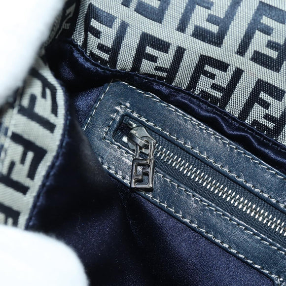 FENDI Zucchino Canvas Mamma Baguette Hand Bag Navy Silver Auth AMZ542V