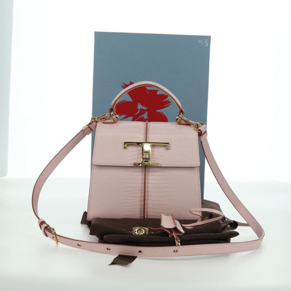 TOD’S Timeless T Hand Bag Leather 2way Pink Gold Auth AMZ549SAM