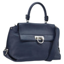Salvatore Ferragamo Gancini Hand Bag Leather 2way Navy Silver Auth AMZ562A-1