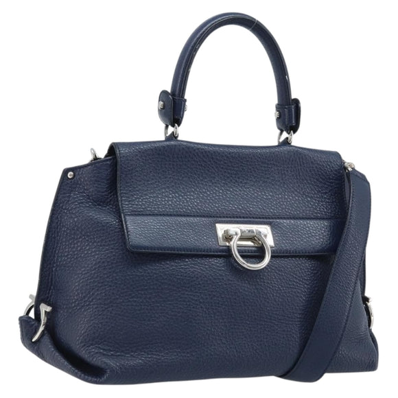 Salvatore Ferragamo Gancini Hand Bag Leather 2way Navy Silver Auth AMZ562A