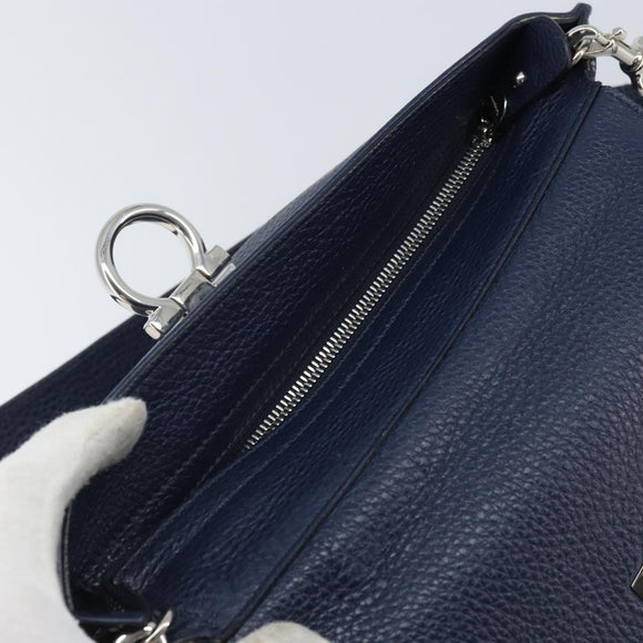 Salvatore Ferragamo Gancini Hand Bag Leather 2way Navy Silver Auth AMZ562A