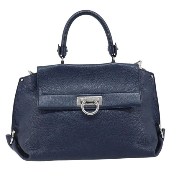 Salvatore Ferragamo Gancini Hand Bag Leather 2way Navy Silver Auth AMZ562A